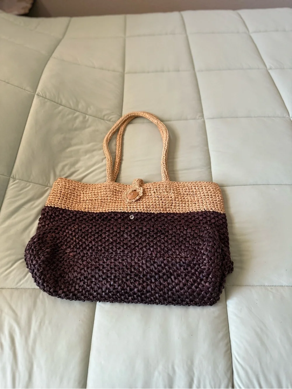 flora Bella Woven Two-Tone Straw Tote Bag - Brown & Tan. Vintage